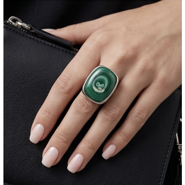 Green River 33.2 CARAT genuine Malachite from Utah .925 Sterling Silver handcrafted ring size 8 adjustable - Green malachite ring worn on hand with black purse in background.
