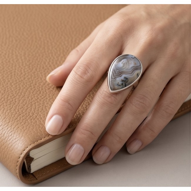 Top quality Great Crazy Lace Agate .925 handcrafted Sterling Silver Ring s. 8 adjustable - Ring with Crazy Lace Agate worn on hand, close-up view.