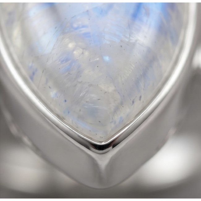 Ice Queen Rainbow top quality Moonstone .925 Sterling Silver handmade ring s. 8 1/4 - Close-up of moonstone in sterling silver setting.