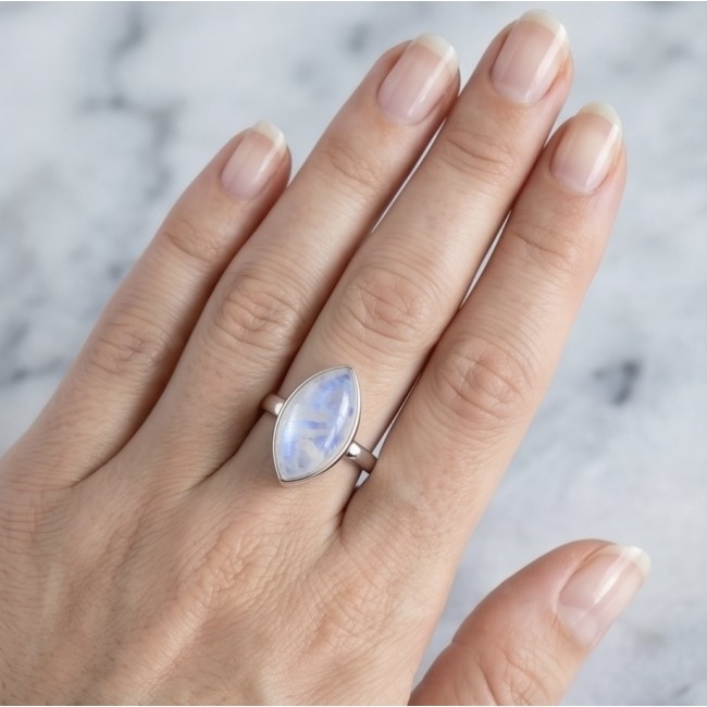 Ice Queen Rainbow top quality Moonstone .925 Sterling Silver handmade ring s. 8 1/4 - Moonstone ring sterling silver worn on hand, top view.