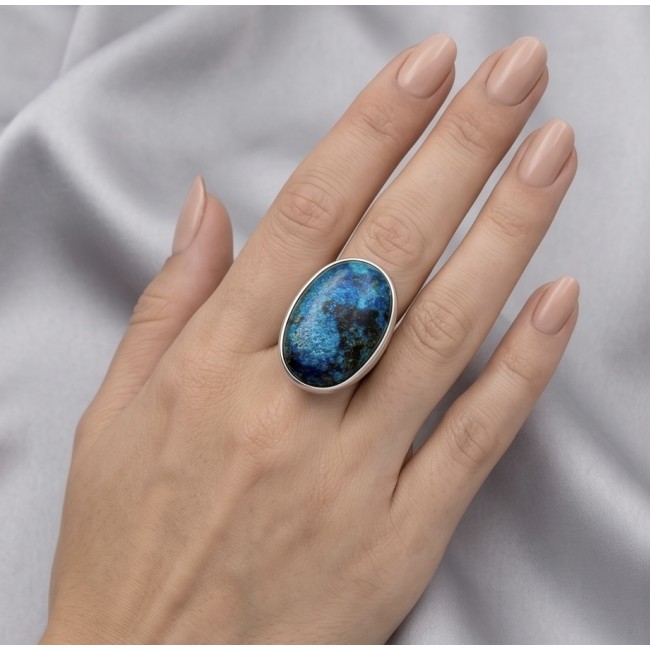 Bohemian Style - Stone Of Harmony Parrots Wing Chrysocolla .925 Sterling Silver ring s. 7 adjustable - Chrysocolla ring worn on hand, blue stone detail.
