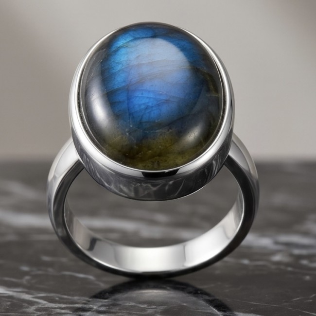 Magic Night Natural Labradorite .925 Sterling Silver handcrafted Large ring size 8 adjustable - Close-up of Magic Night Labradorite Sterling Silver ring on surface