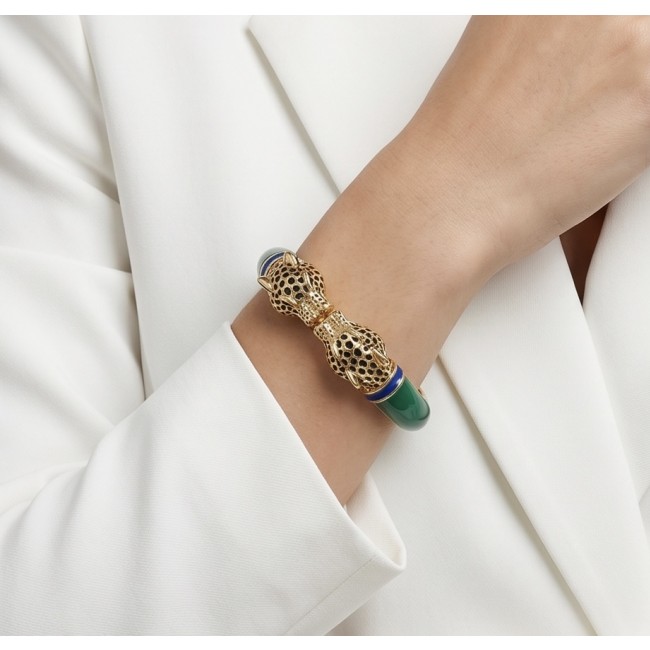 Malachite Green- Enamel Leopard Head Vintage style Luxurious Bangle Bracelet - photo 1
