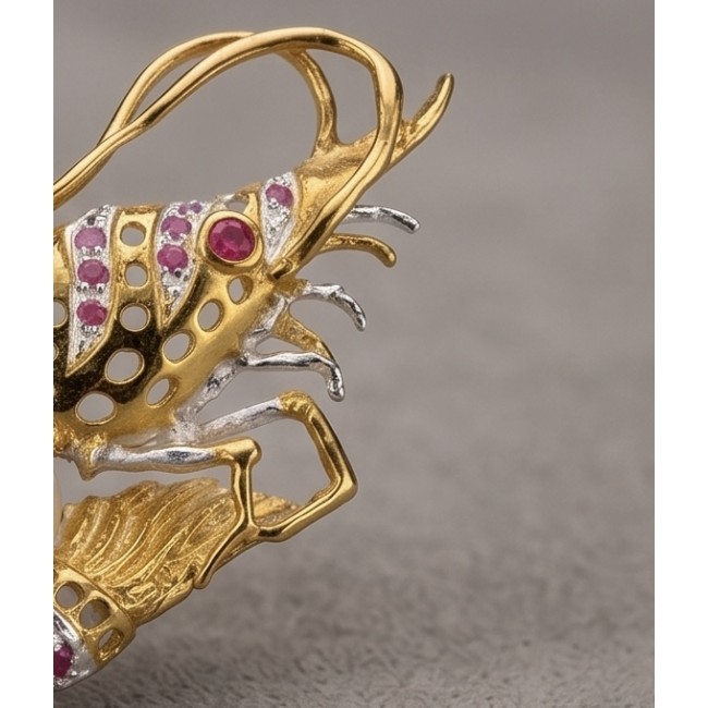 Precious Shrimp genuine Ruby 14k Gold over .925 Sterling Silver handmade Pendant - Brooch - Side view of Precious Shrimp ruby and gold over sterling silver jewelry.