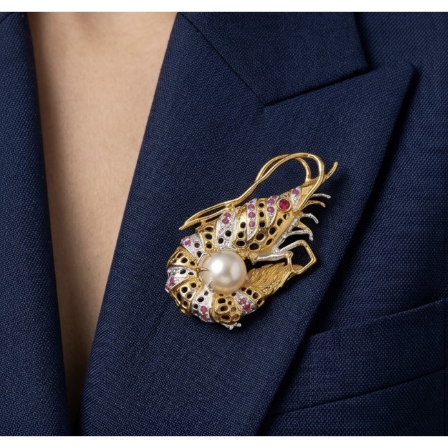 Precious Shrimp genuine Ruby 14k Gold over .925 Sterling Silver handmade Pendant - Brooch - Gold shrimp brooch with pearl and rubies on blue fabric, close-up angle