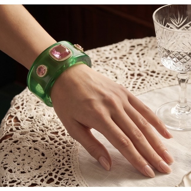Candy Store - Modern Design Natural Green Raisin Pink Topaz .925 Sterling Silver bracelet - Hand wearing green bracelet with pink stones on lace tablecloth.