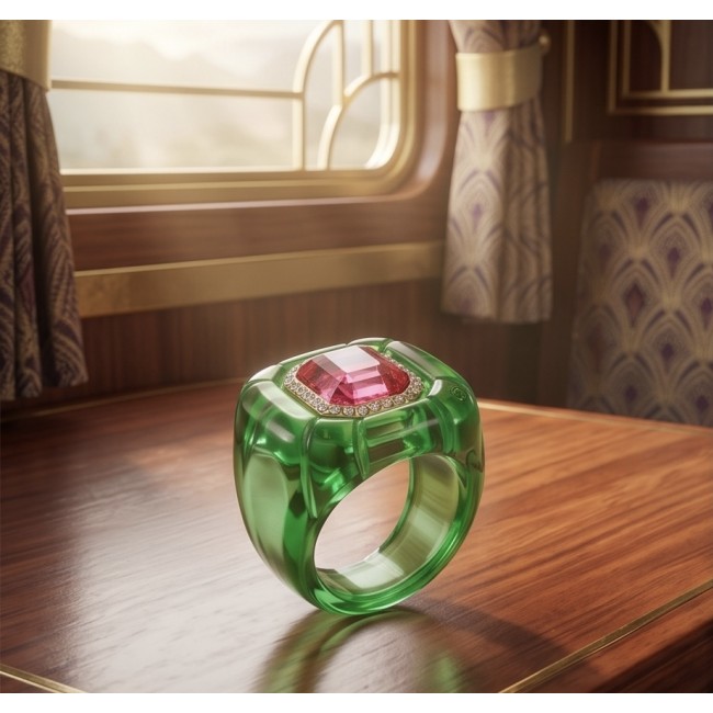 Candy Store - Modern Design Natural Green Raisin Pink Topaz .925 Sterling Silver ring size 8 1/4 - Close-up of green resin ring with pink topaz on wooden table