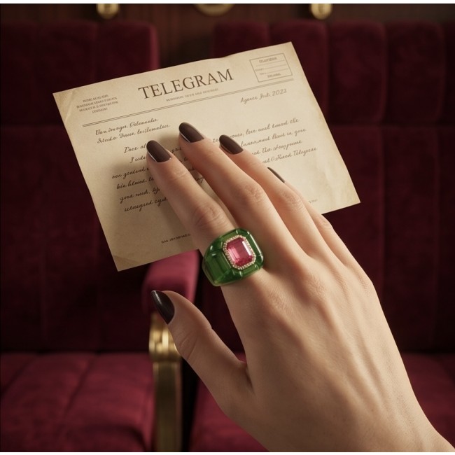 Candy Store - Modern Design Natural Green Raisin Pink Topaz .925 Sterling Silver ring size 8 1/4 - Hand wearing green resin ring with pink topaz, holding a telegram.