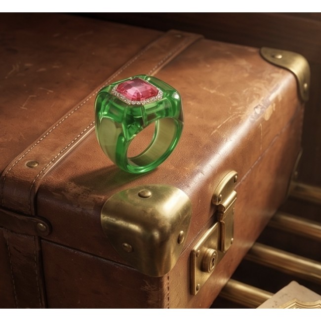 Candy Store - Modern Design Natural Green Raisin Pink Topaz .925 Sterling Silver ring size 8 1/4 - Green resin ring with pink topaz on vintage suitcase, top angle.