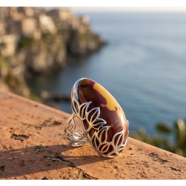 Caterina 25.8 carat Mookaite .925 Sterling Silver brilliantly handcrafted ring s. 7 adjustable - Side view of Caterina 25.8 carat Mookaite ring in sterling silver.