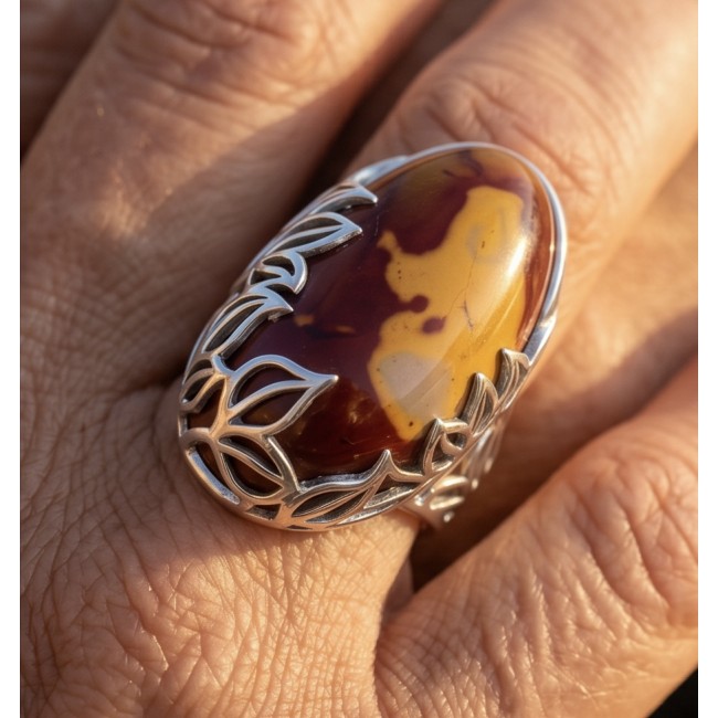 Caterina 25.8 carat Mookaite .925 Sterling Silver brilliantly handcrafted ring s. 7 adjustable - Stone close-up of Caterina Mookaite ring on hand, .925 Sterling Silver.