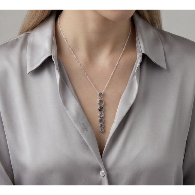 Penelope - 21.5 carat Smoky Topaz .925 Sterling Silver handmade Pendant - Necklace with smoky topaz pendants worn on model, front view.