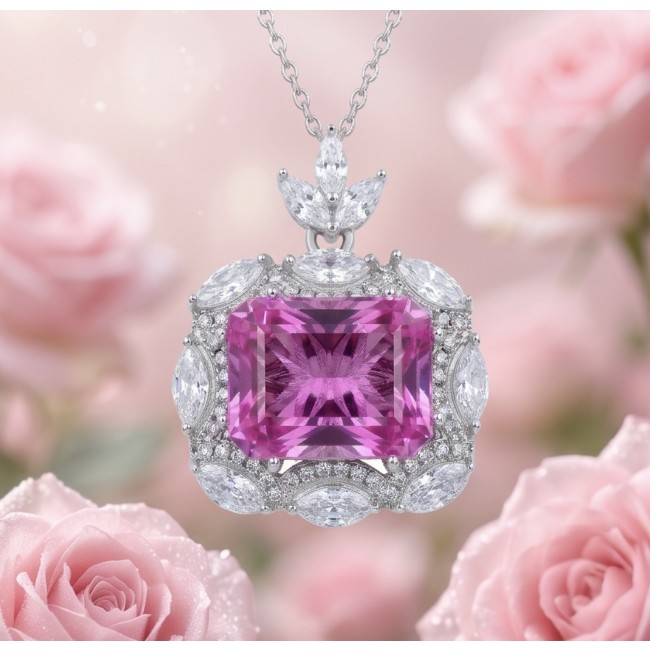 Vintage style boquette cut 12.8 carat Pink Sapphire .925 Sterling Silver DIPPED IN RHODIUM handmade Pendant - Close-up of vintage style pink sapphire pendant among roses