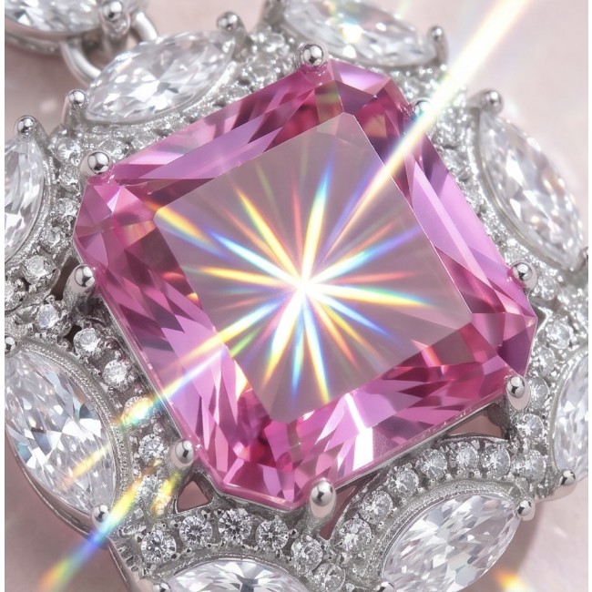 Vintage style boquette cut 12.8 carat Pink Sapphire .925 Sterling Silver DIPPED IN RHODIUM handmade Pendant - Stone close-up of vintage 12.8 carat pink sapphire in .925 setting.