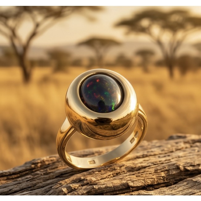 Authentic 11.2ct Black Opal 18K gold over .925 Sterling Silver brilliantly handcrafted ring s. 8 1/4 - Close-up of black opal ring in 18K gold over sterling silver in natural setting.