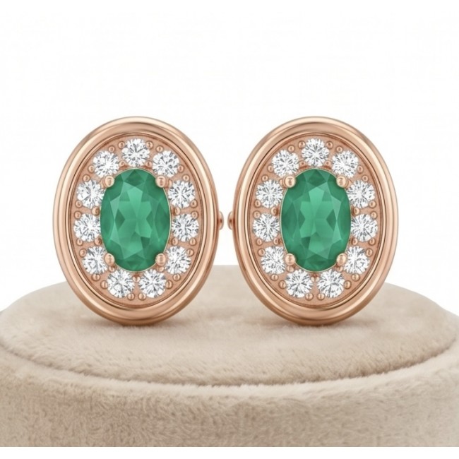 2.2 carat Australian Black Opal 14K Rose Gold over .925 Sterling Silver incredible handcrafted Earrings - Emerald and diamond earrings in rose gold, front view on display cushion.
