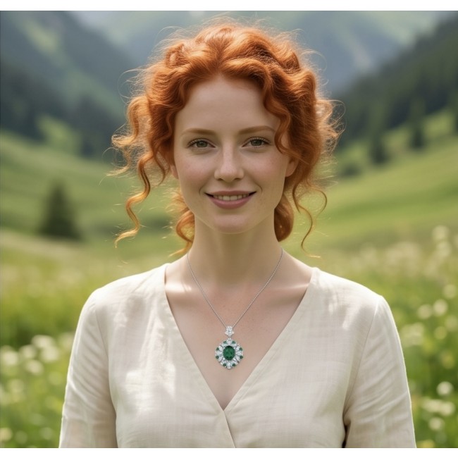 Incredible Natural 10.5 carat Chrome Diopside .925 Silver handcrafted Necklace - Woman wearing 10.5 carat chrome diopside necklace in natural setting.