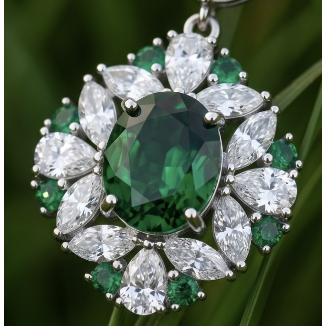 Incredible Natural 10.5 carat Chrome Diopside .925 Silver handcrafted Necklace - Close-up of chrome diopside pendant with clear and green stones.