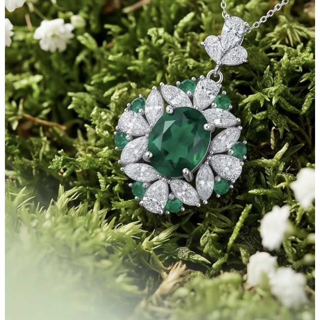 Incredible Natural 10.5 carat Chrome Diopside .925 Silver handcrafted Necklace - Jewel close-up on moss; 10.5 ct Chrome Diopside in .925 Silver.