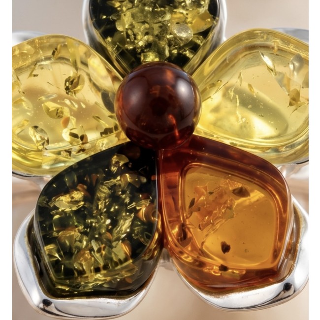 Golden Flower Authentic Baltic Amber rhodium over .925 Sterling Silver handcrafted ring; s. 7 adjustable - Close-up of multicolored amber flower jewelry with silver accents.