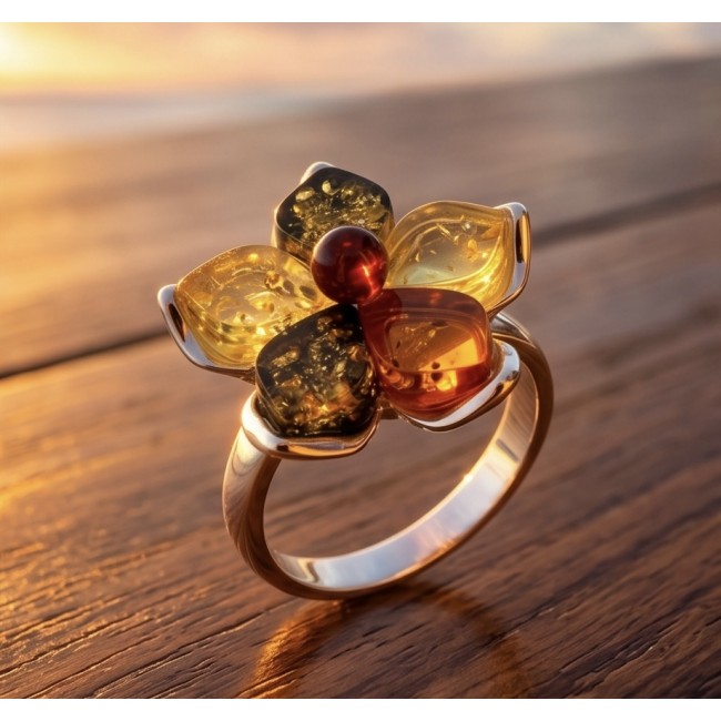 Golden Flower Authentic Baltic Amber rhodium over .925 Sterling Silver handcrafted ring; s. 7 adjustable - Close-up of Golden Flower Baltic Amber ring on wooden surface
