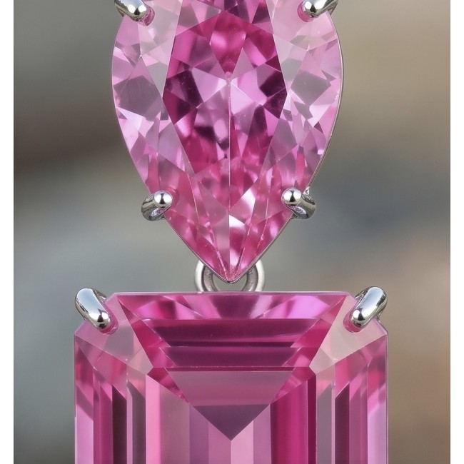 Large - Tiffany - authentic baquette cut 45.4 carat Pink Sapphire .925 Sterling Silver handcrafted Earrings - Close-up of pink sapphire stones in silver prong setting.