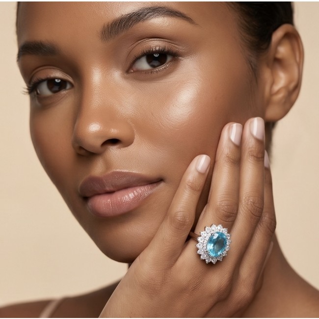 WONDERLAND 15.5 carat Paraiba Tourmaline .925 Sterling Silver Handcrafted Ring size 9 - Paraiba Tourmaline ring worn on hand close-up
