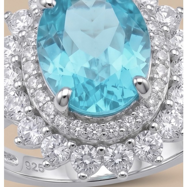 WONDERLAND 15.5 carat Paraiba Tourmaline .925 Sterling Silver Handcrafted Ring size 9 - Close-up of 15.5 carat Paraiba Tourmaline ring in .925 Sterling Silver