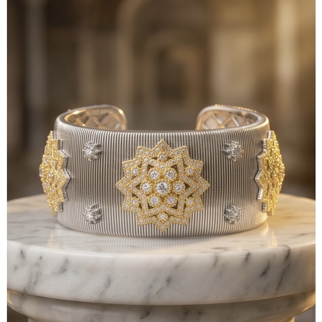 Dolce Vita - Precious Natural 9.5 carat White Topaz 2 tones .925 Sterling Silver handcrafted bracelet - Gold star pattern bracelet with white topaz, front view on marble stand.