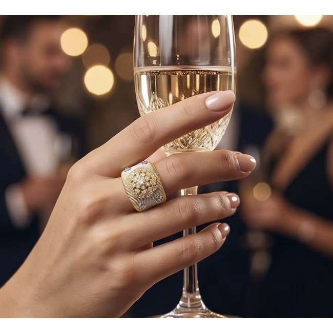 Dolce Vita - Precious Natural 9.5 carat White Topaz 2 tones .925 Sterling Silver handcrafted Ring size 7 - Close-up of Dolce Vita ring worn on hand, holding a champagne flute.