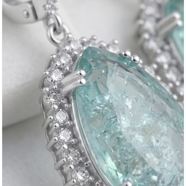 Angelina 20.9 carat authentic Aquamarine .925 Sterling Silver Handcrafted Earrings - Aquamarine stone close-up with diamond accents, Angelina 20.9 carat.