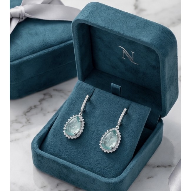 Angelina 20.9 carat authentic Aquamarine .925 Sterling Silver Handcrafted Earrings - Aquamarine earrings in box, top view, showcasing detailed stones.
