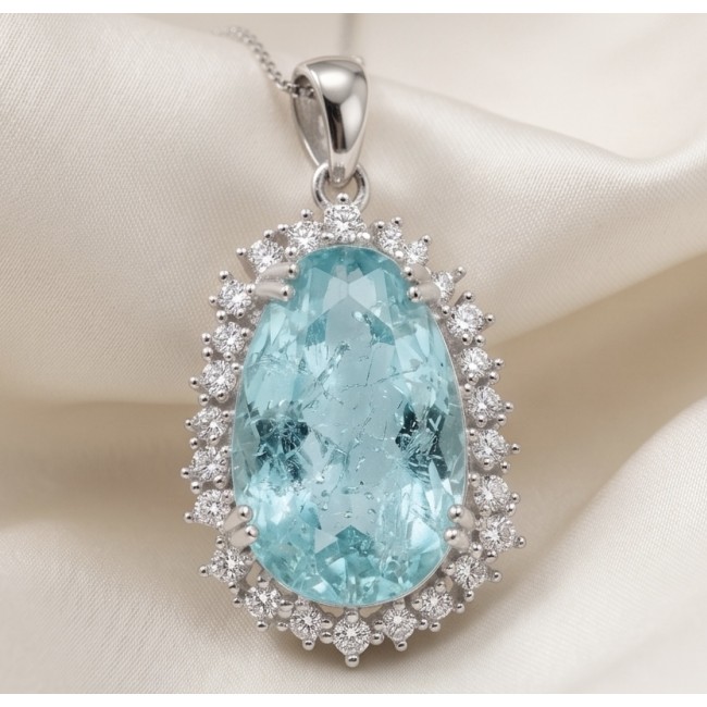 Angelina 14.9 carat authentic Aquamarine .925 Sterling Silver Handcrafted pendant - Aquamarine pendant with diamond halo, close-up view on satin background