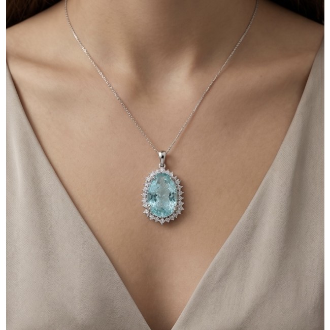 Angelina 14.9 carat authentic Aquamarine .925 Sterling Silver Handcrafted pendant - Aquamarine necklace worn on neck, close-up view