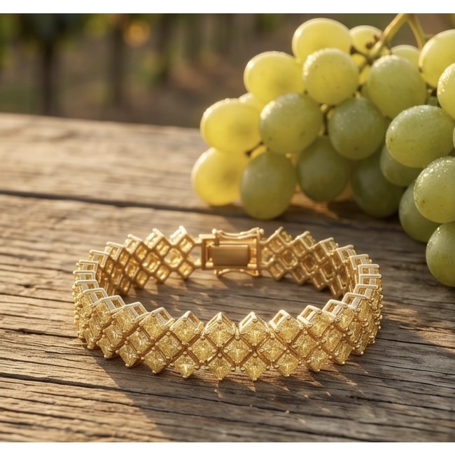 Melissa - Great Masterpiece 32.2 carat genuine Peridot 18K Gold over .925 Sterling Silver handmade Statement bracelet - Gold bracelet with clasp and green grapes on wood background.