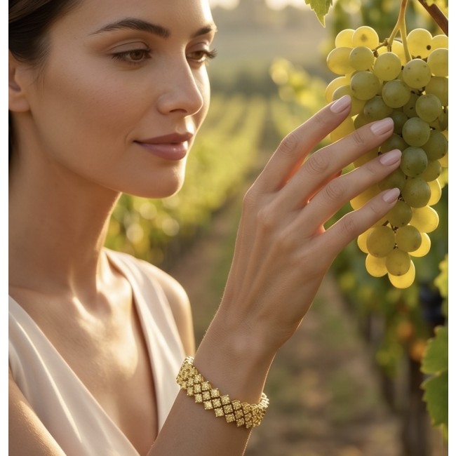 Melissa - Great Masterpiece 32.2 carat genuine Peridot 18K Gold over .925 Sterling Silver handmade Statement bracelet - Side view of bracelet worn on wrist, woman touching grapevine.