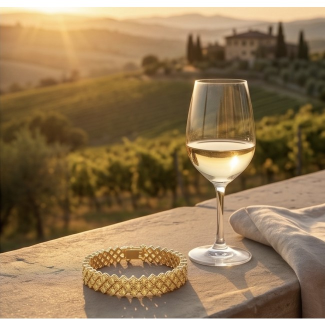Melissa - Great Masterpiece 32.2 carat genuine Peridot 18K Gold over .925 Sterling Silver handmade Statement bracelet - Bracelet with wine and vineyard backdrop at sunset, side view.