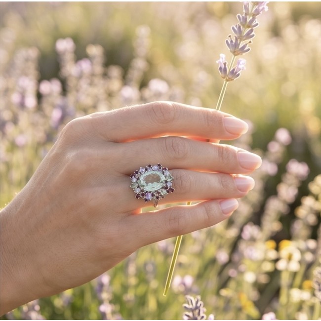Fiammetta oval cut 22.2 carat Green Amethyst .925 Sterling Silver entirely handmade Ring size 8 3/4 - Fiammetta 22.2ct Green Amethyst ring worn on hand with lavender background.