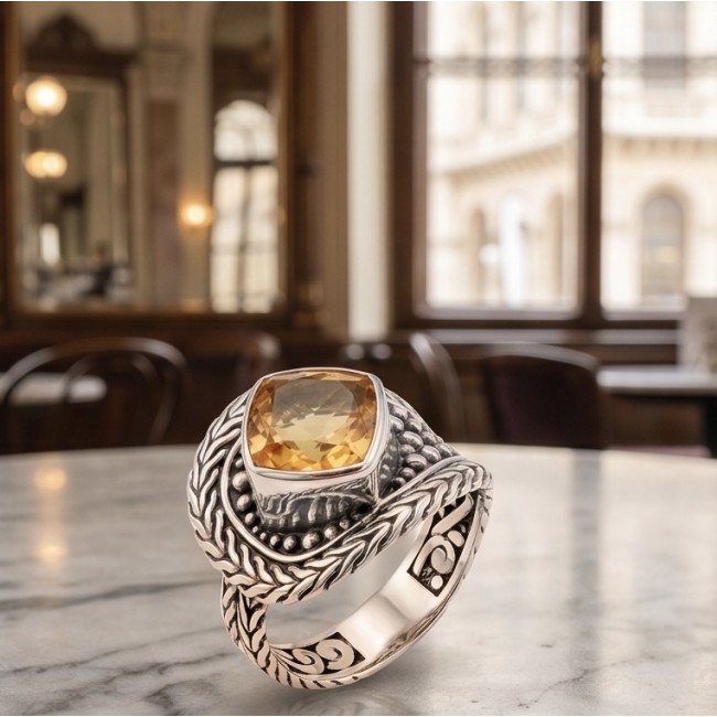 Solid 9.8 carat Genuine Citrine .925 Sterling Silver handcrafted ring size 7 - Citrine sterling silver ring on marble table, close-up detail view.