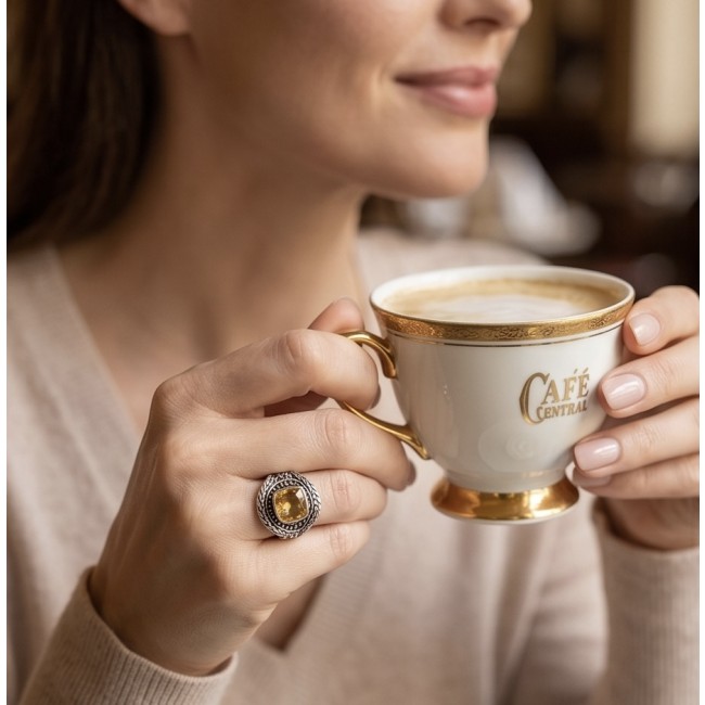 Solid 9.8 carat Genuine Citrine .925 Sterling Silver handcrafted ring size 7 - Worn on hand, 9.8 ct Citrine Sterling Silver ring holding coffee cup.