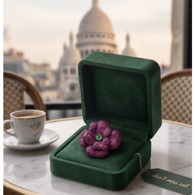 Black Label Collection - Retro Style - Rose Genuine 42.5 carat Ruby 2 tones .925 Sterling Silver dipped in rhodium handmade Pendant - Brooch - Retro style rose jewelry in green box, café setting, Sacré-Cœur backdrop.