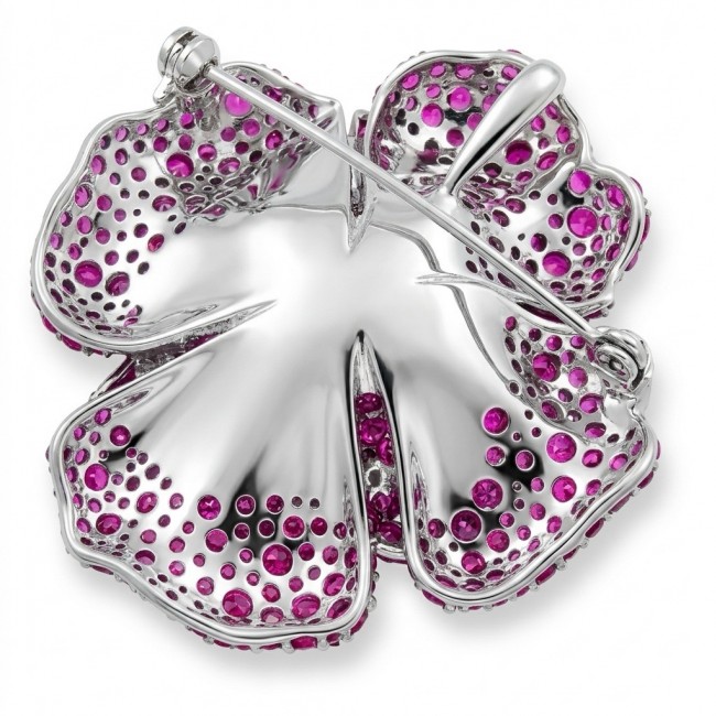 Black Label Collection - Retro Style - Rose Genuine 42.5 carat Ruby 2 tones .925 Sterling Silver dipped in rhodium handmade Pendant - Brooch - Back view of floral brooch with pink gemstones and metal detail.