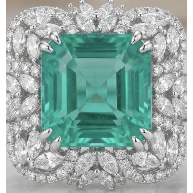 Elizabeth princess cut 15.4 carat Colombian Emerald 12.3 carat White Topaz .925 Sterling Silver dipped in Rhodium handcrafted Ring size 7 - Close-up of Elizabeth 15.4 ct Colombian emerald and diamond ring.