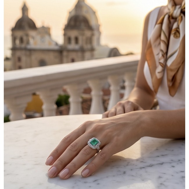 Elizabeth princess cut 15.4 carat Colombian Emerald 12.3 carat White Topaz .925 Sterling Silver dipped in Rhodium handcrafted Ring size 7 - Hand wearing Elizabeth princess cut emerald ring, scenic background
