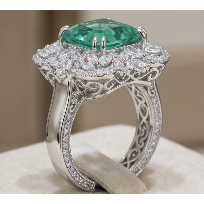 Elizabeth princess cut 15.4 carat Colombian Emerald 12.3 carat White Topaz .925 Sterling Silver dipped in Rhodium handcrafted Ring size 7 - Side view of Elizabeth 15.4 carat Colombian Emerald ring with diamonds.