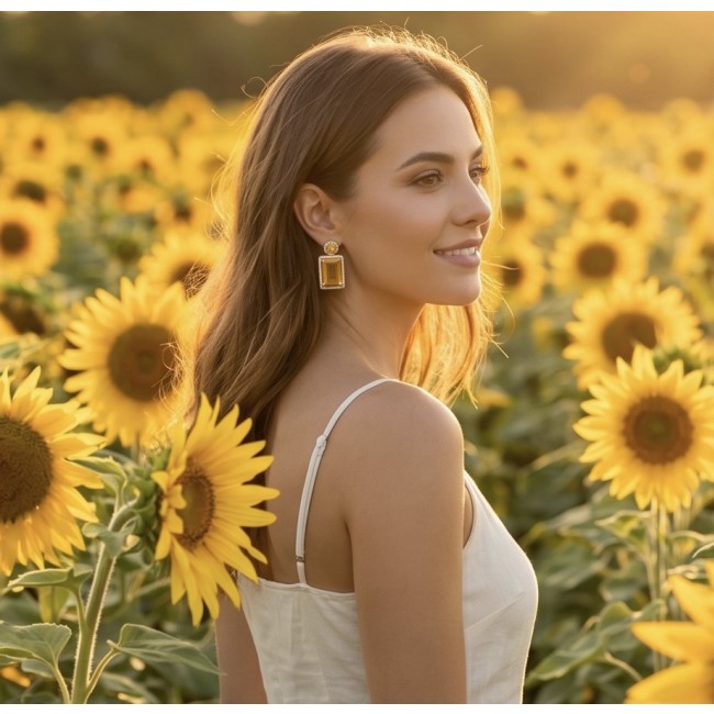Summer Friday 17.8 carat Lemon Quartz rhodium over .925 Sterling Silver handcrafted Statement Earrings - Side view of woman wearing Summer Friday Lemon Quartz earrings.