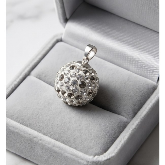 Harmony Sphere with bell inside pave Topaz .925 Sterling Silver handmade pendant - Harmony Sphere pendant, top view, pave topaz, in jewelry box.