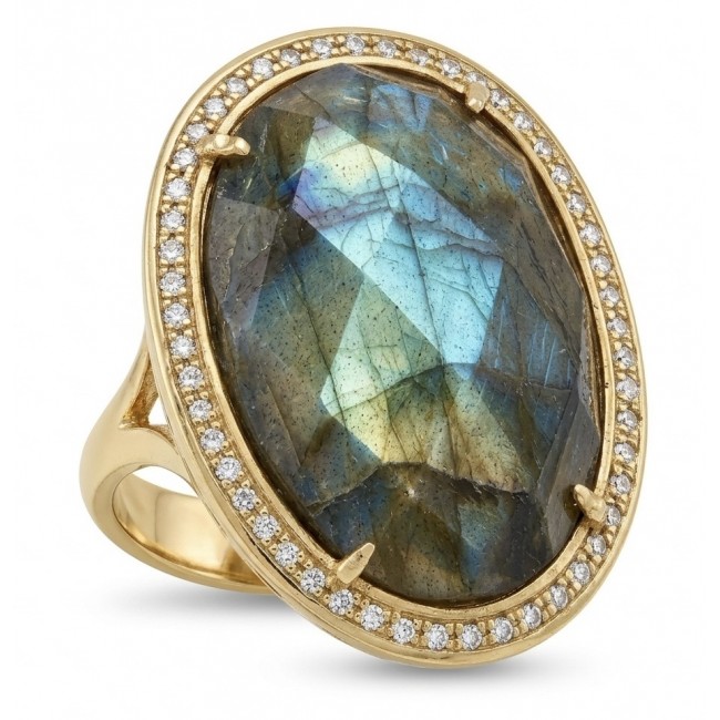 Shimmering Natural faceted Labradorite .925 Sterling Silver dipped in 18K Gold handcrafted Large ring size 8 1/4 - Close-up of labradorite ring with diamond accents in gold setting