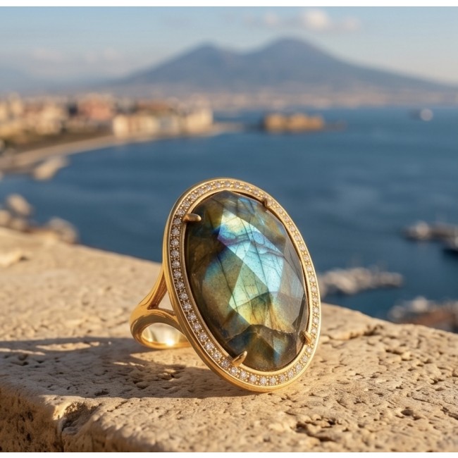 Shimmering Natural faceted Labradorite .925 Sterling Silver dipped in 18K Gold handcrafted Large ring size 8 1/4 - Labradorite ring close-up with scenic background.
