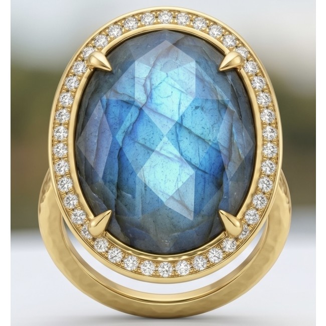 Shimmering Natural faceted Labradorite .925 Sterling Silver dipped in 18K Gold handcrafted Large ring size 8 1/4 - Close-up of faceted labradorite ring with diamond accents in gold setting.